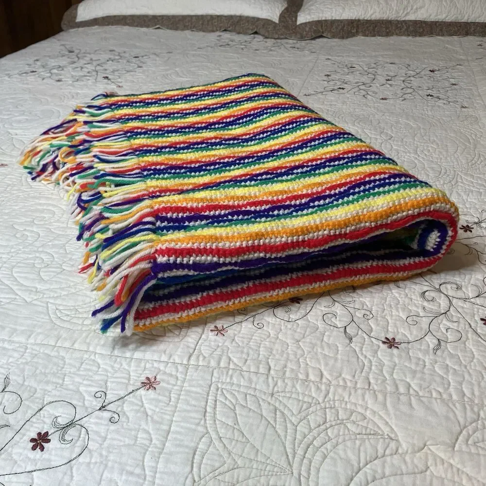 Vtg Handmade Rainbow Crochet Afghan Throw Blanket Reversible Approx 45 X 54